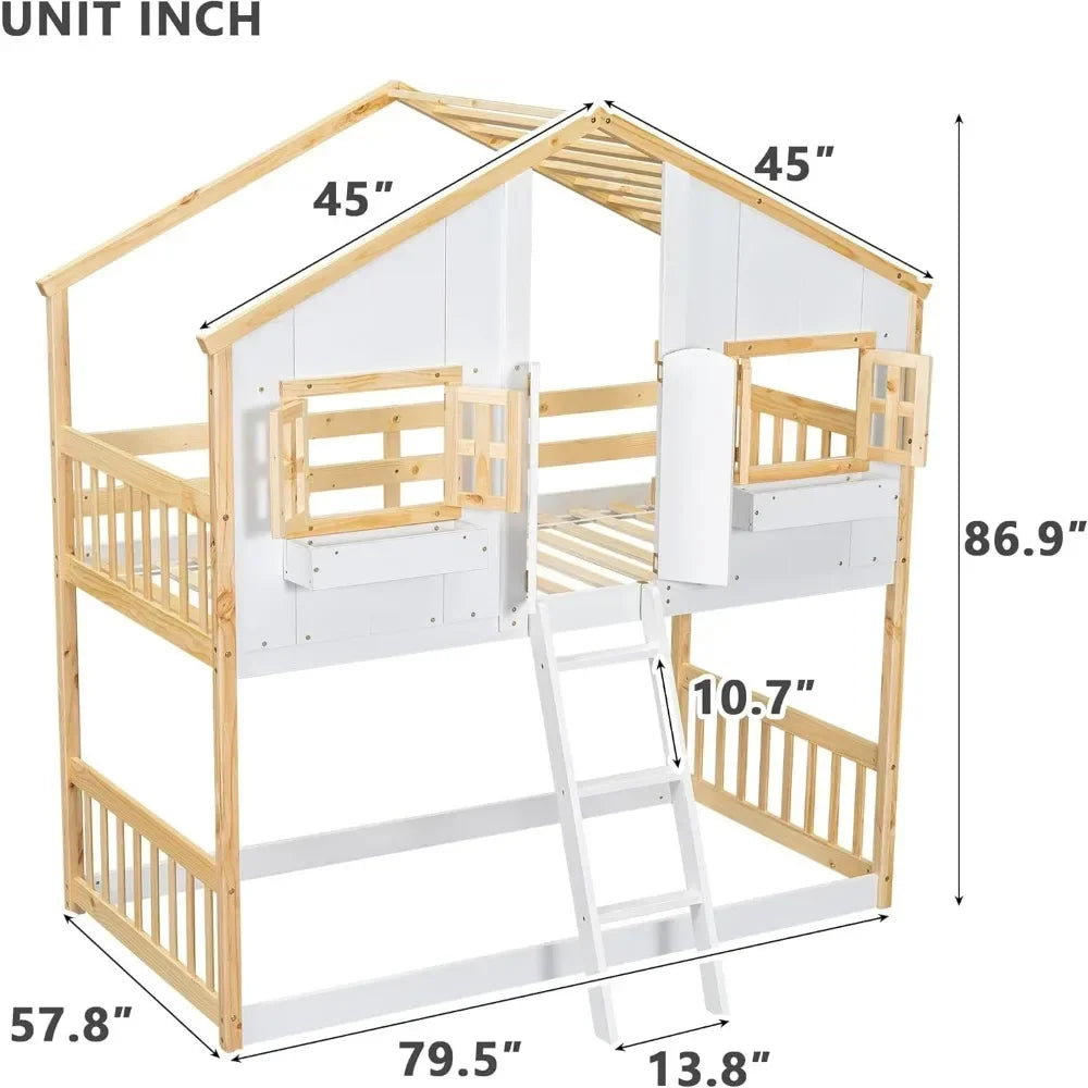 Twin Over Twin House Bunk Bed for Kids, with Roof, Windows, Window Box and Small Door