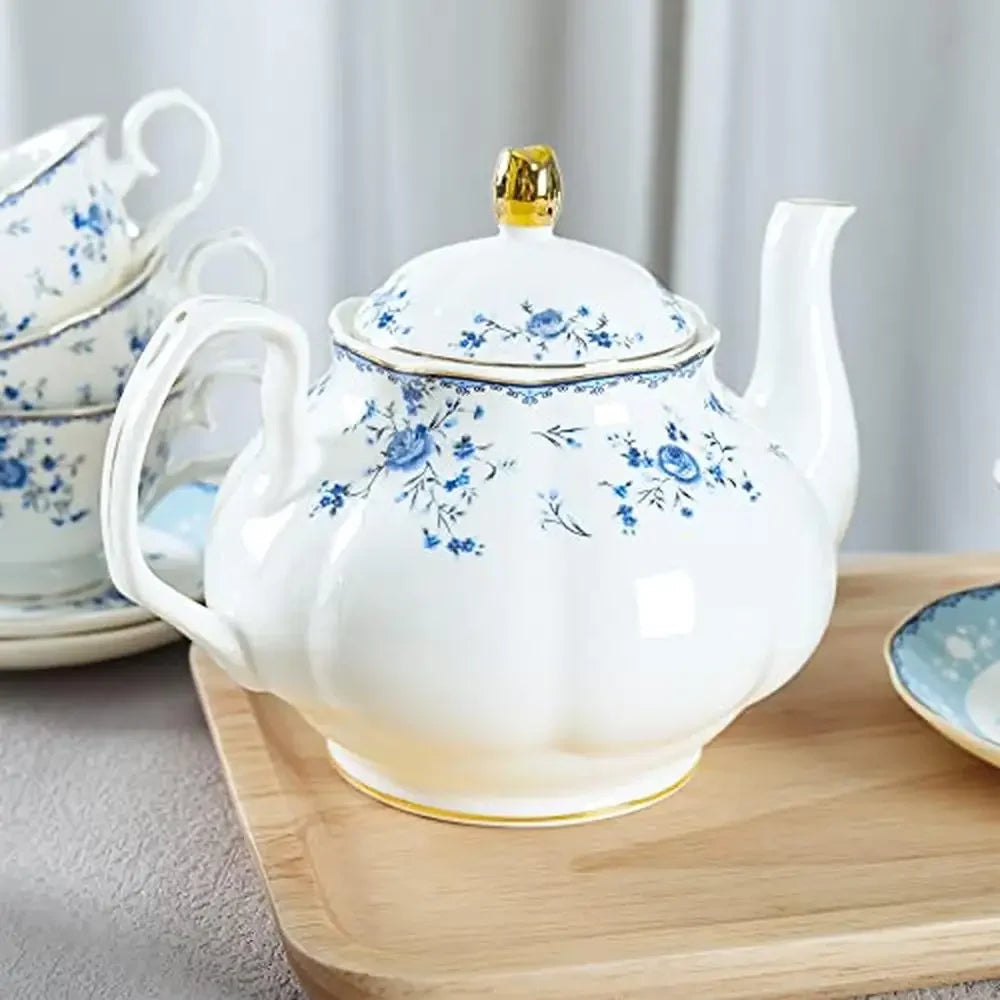 15 Piece British Floral Porcelain Tea Set with Blue Rose Pattern