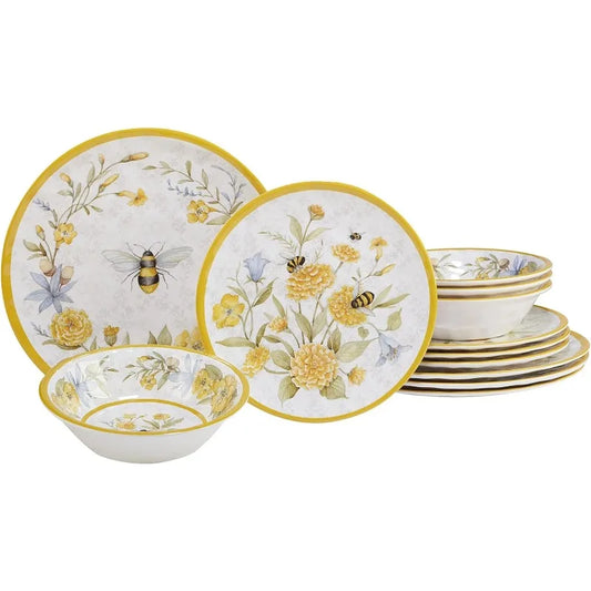 Bee Sweet 12 Piece Melamine Dinnerware Set, Service for 4