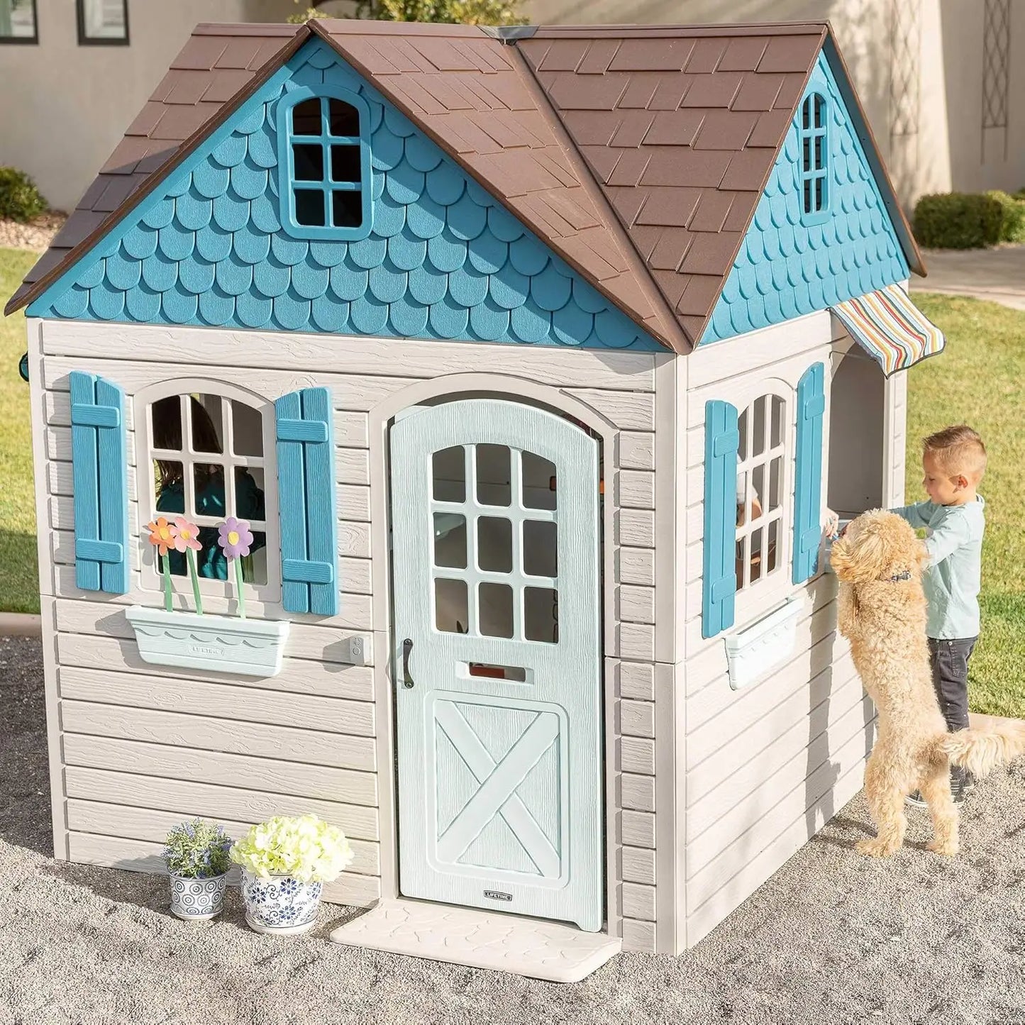 Plastic Outdoor Playhouse, Door with Mail Slot and Working Doorbell, Play Sink and Stove Combo, Toy Food, Pans, and Utensils