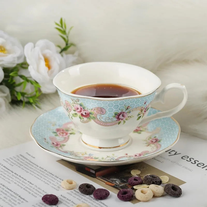 Set of 6, Colorful Floral Porcelain Coffee Cup with Saucer