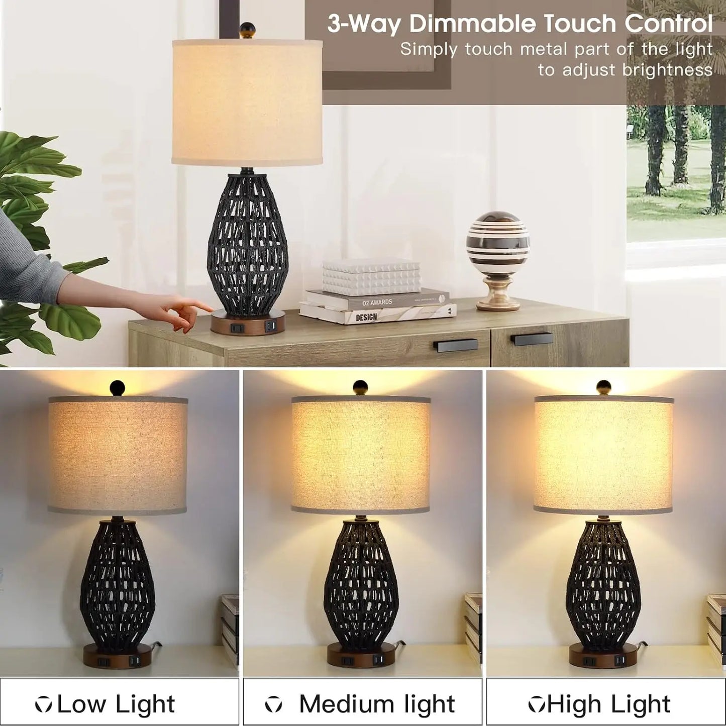 3 Way  Touch Control Rattan Table Lamps, Set of 2, with 2 USB Ports and AC Outlet