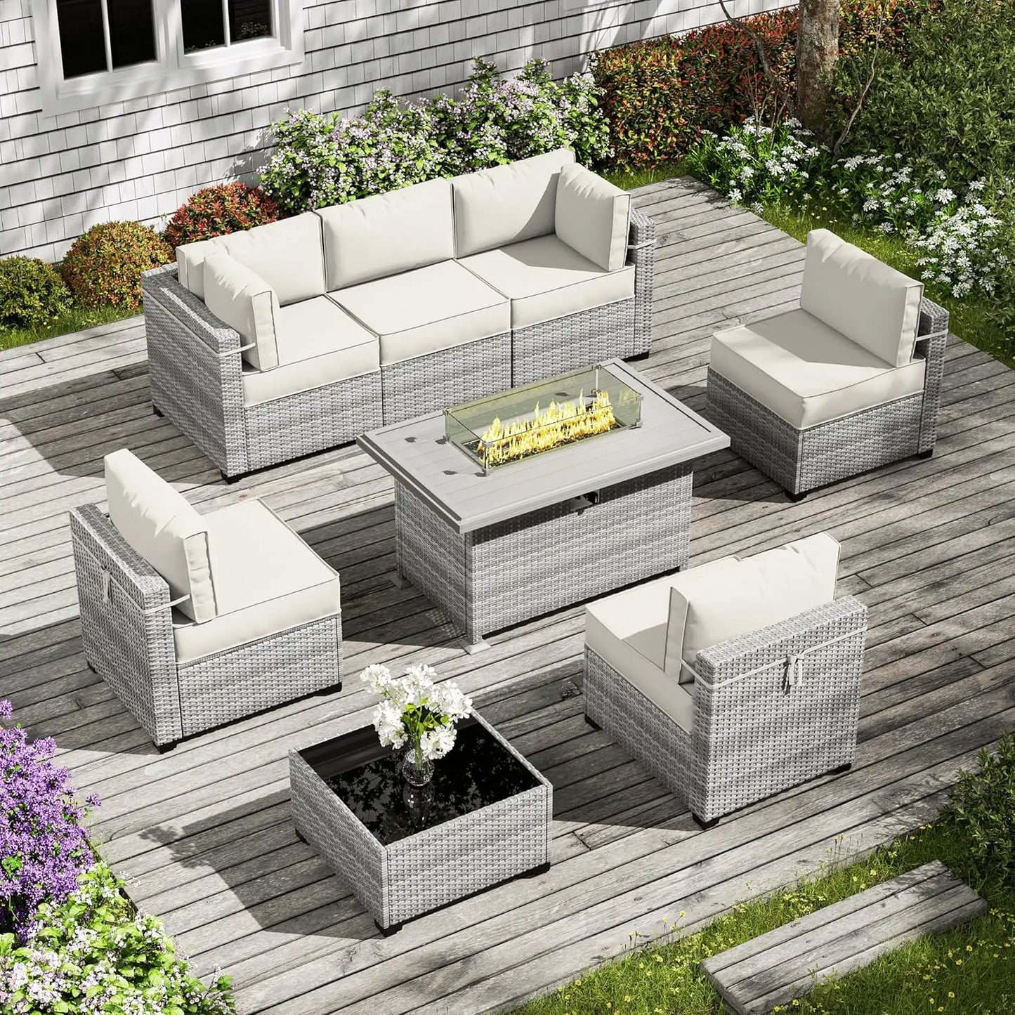 8 Piece Wicker Patio Furniture Set Includes 4 Center Sofas, 2 Corner Sofas, 1 Gas Fireplace Table, And A Tempered Glass Coffee Table