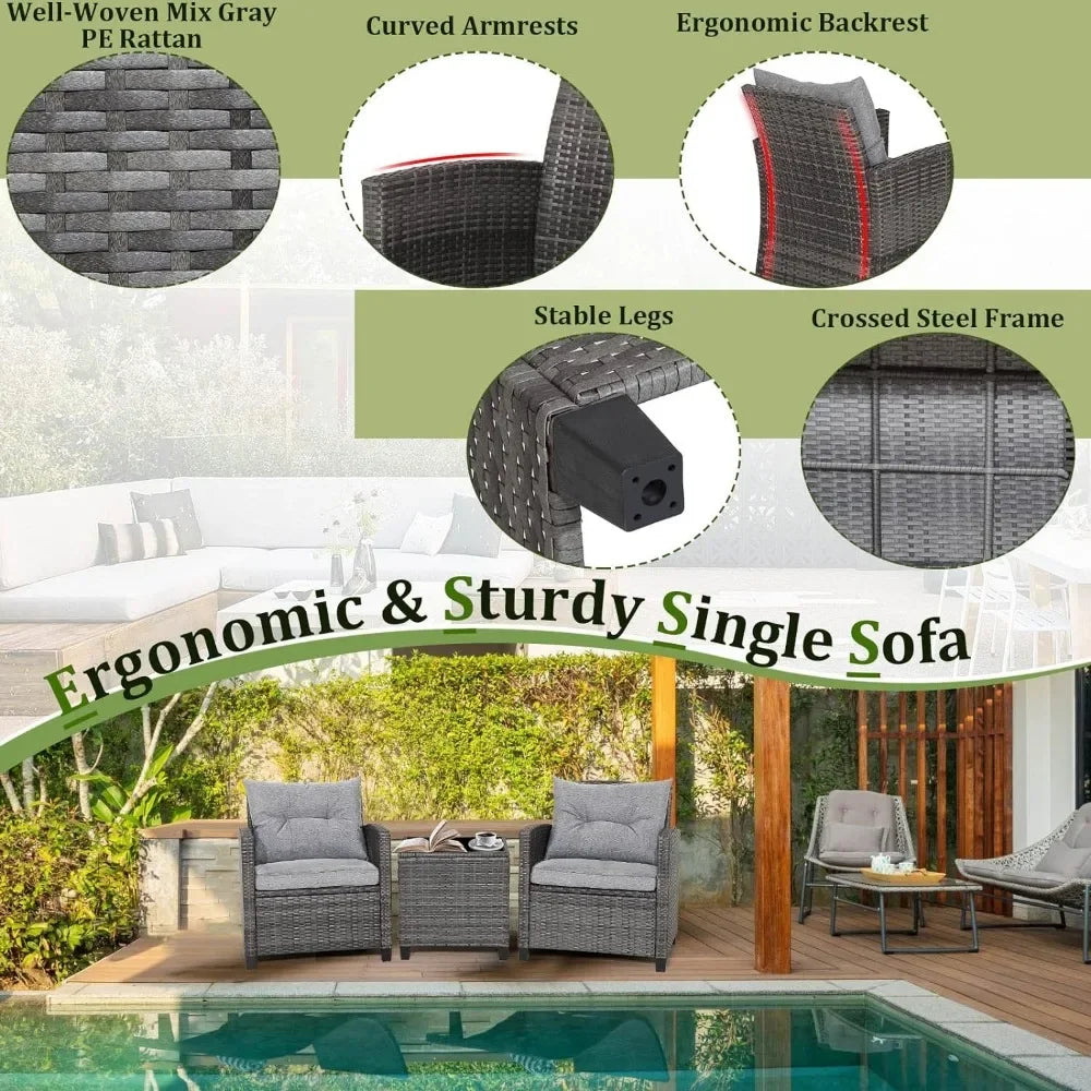 3 Piece Outdoor Rattan Sofa Set with Tempered Glass Tabletop