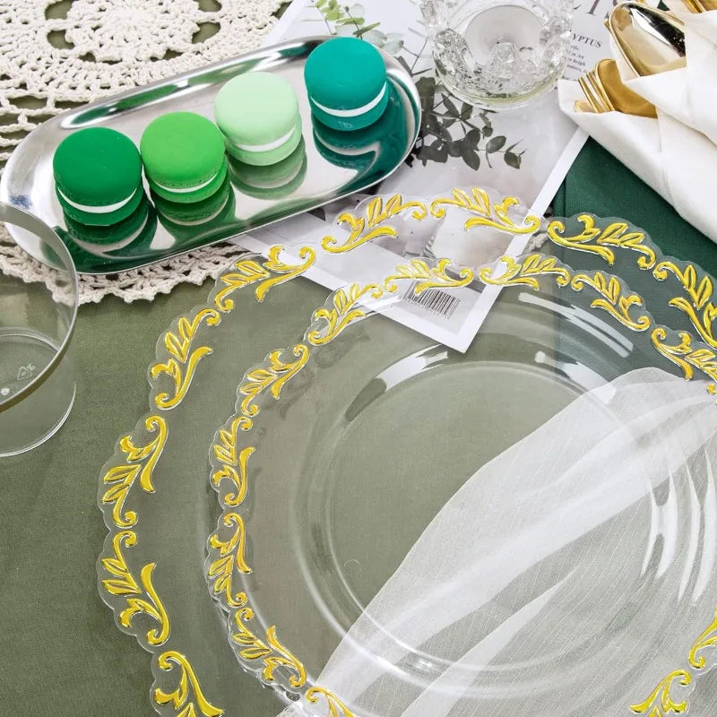 175PCS Clear Green Plastic Plates & Gold Plastic Silverware & Clear Green Cups & Gold Napkins, Service 25 Guest