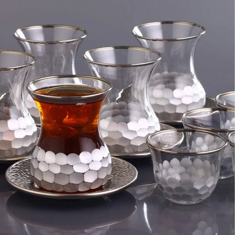 Turkish Tea Set of 18 pcs, 6 Turkish tea cups, 6 Turkish coffee cups and (6) metal tea cup saucers