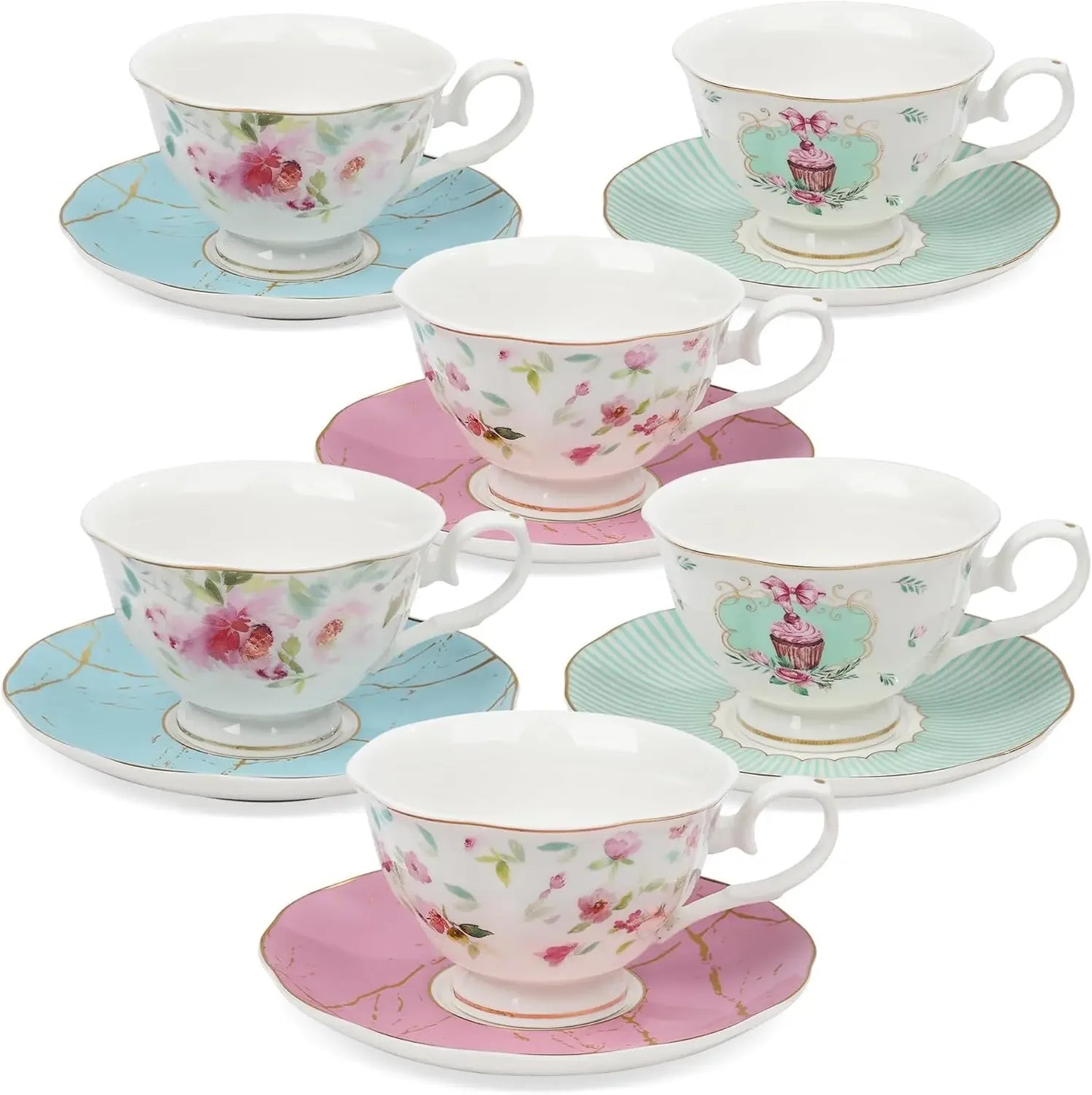 Set of 6, Colorful Floral Porcelain Coffee Cup with Saucer