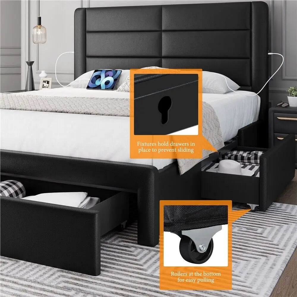 Queen/King Upholstered Bed Frame with Drawers Storage and Built-In USB Ports