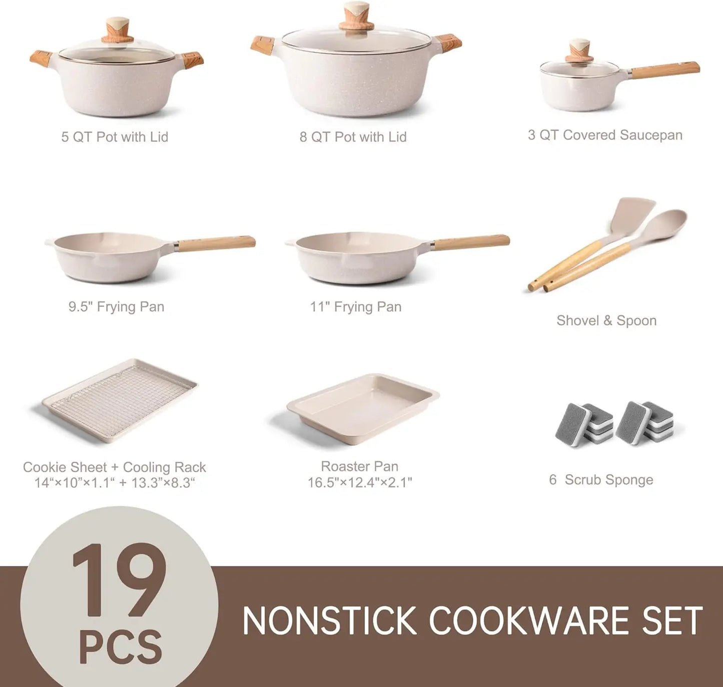 19pc or 33pc Nonstick Induction Kitchen Cookware Set with Cookie Sheet, Baking Pan, Silicone Cooking Utensils