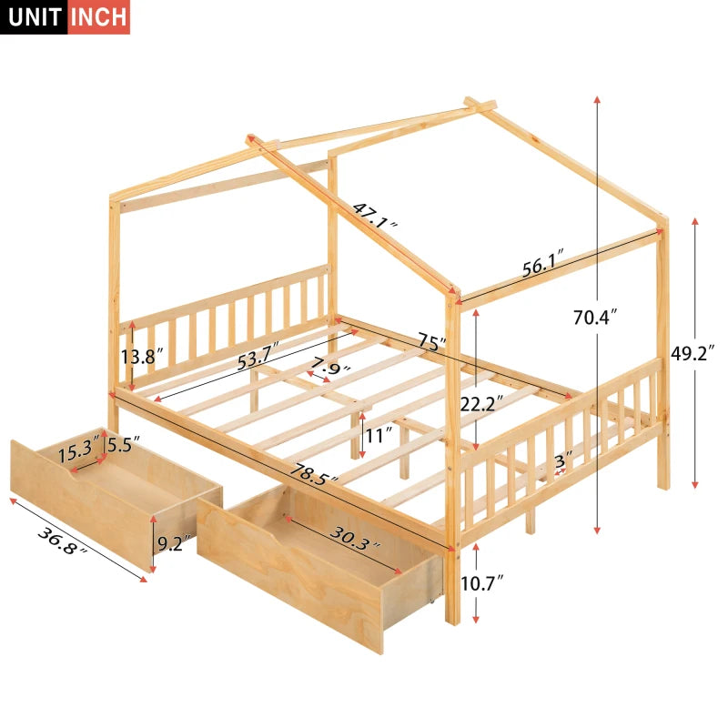 Wooden House Bed Frame for Kids with Ample Storage Options, Roof Design