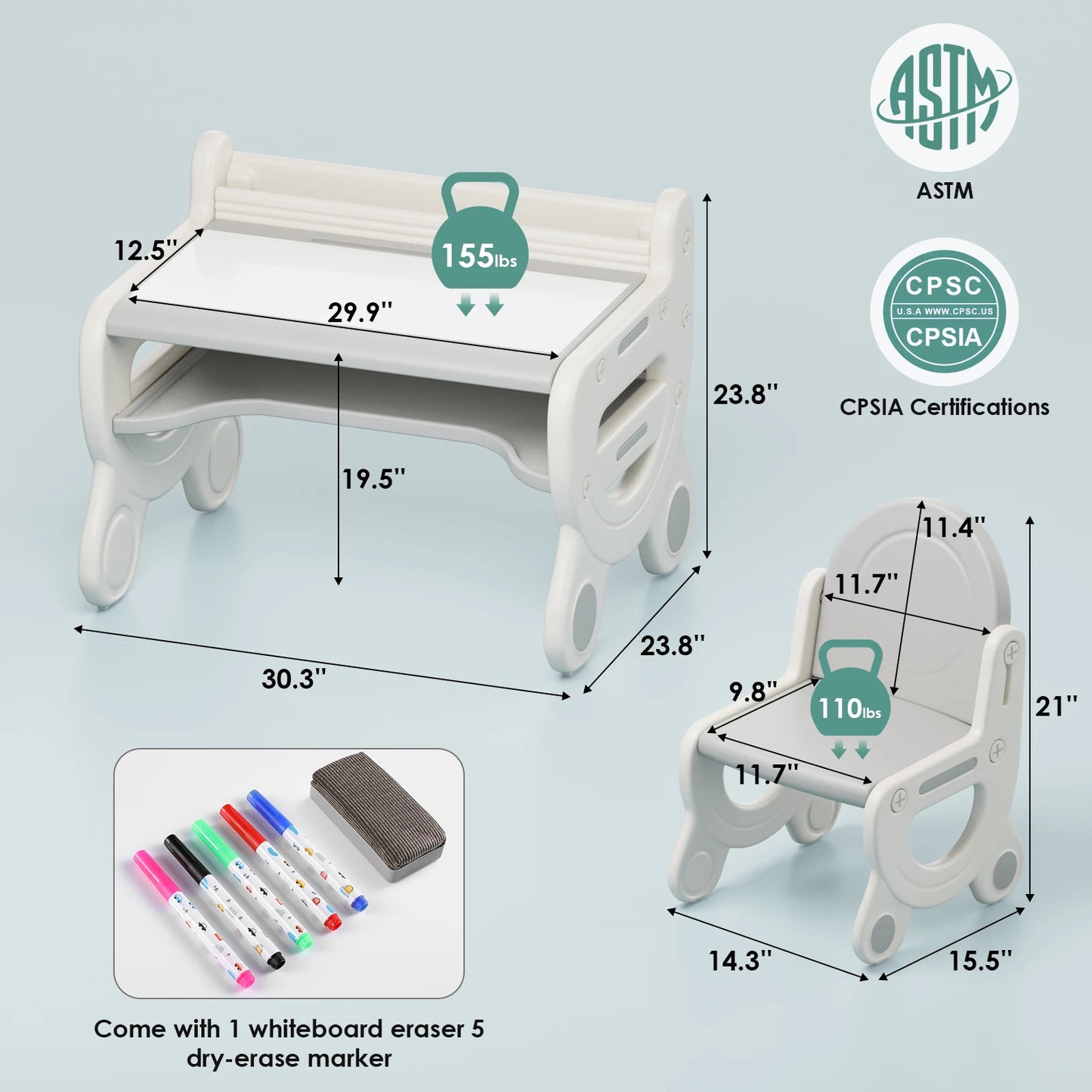 Kids Drawing Table and Chair Set, Gray & White