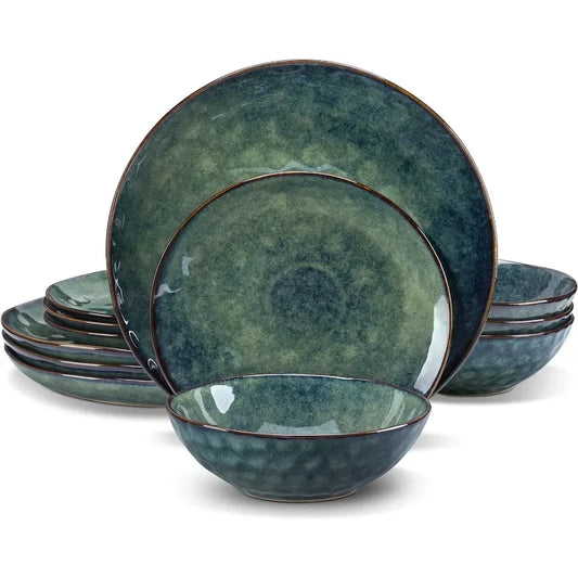 12 Piece, Reactive Change Glaze Dinner Set, Plates and Bowls Set