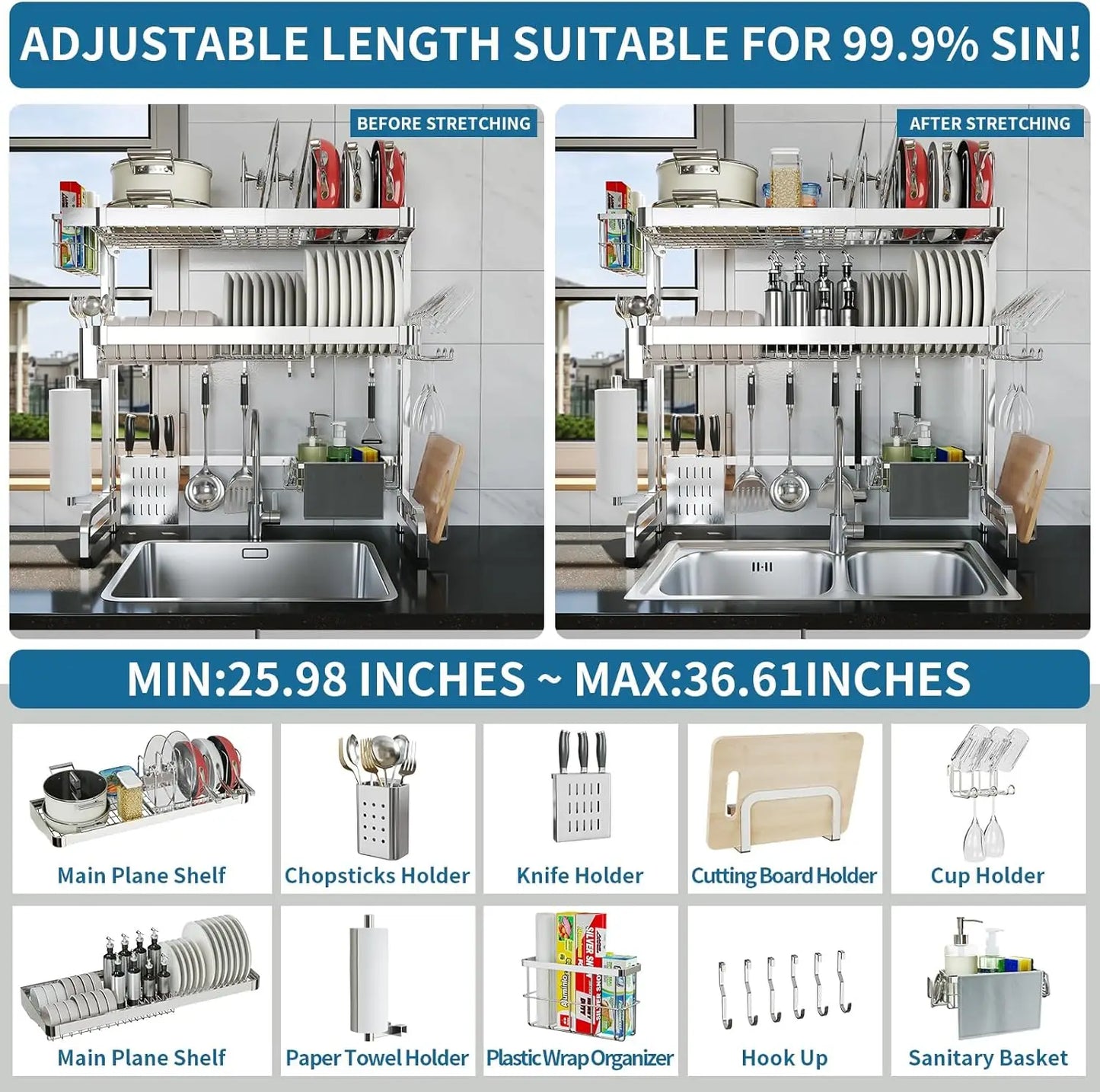 Adjustable (29.1''~37.4'') Stainless Steel 3-Tier Over The Sink Dish Drying Rack