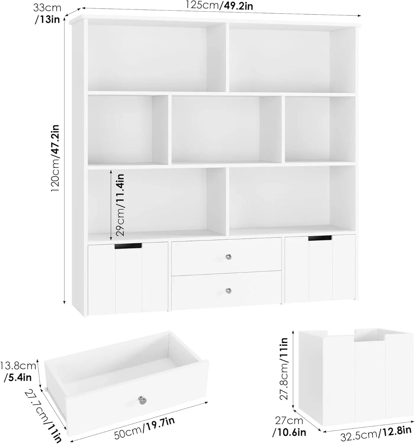 Large Kids Bookshelf/ Toy Storage Organizer, With 4 Drawers And 7 Storage Cubbies