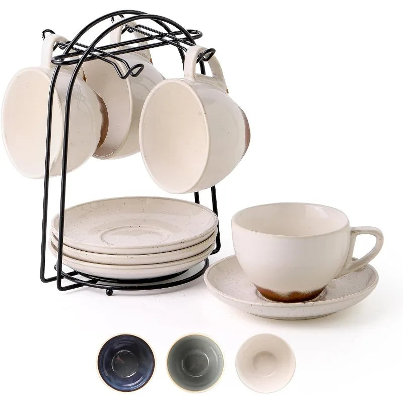 Set of 4 [8oz] Porcelain Coffee Cups with Saucers and Holder