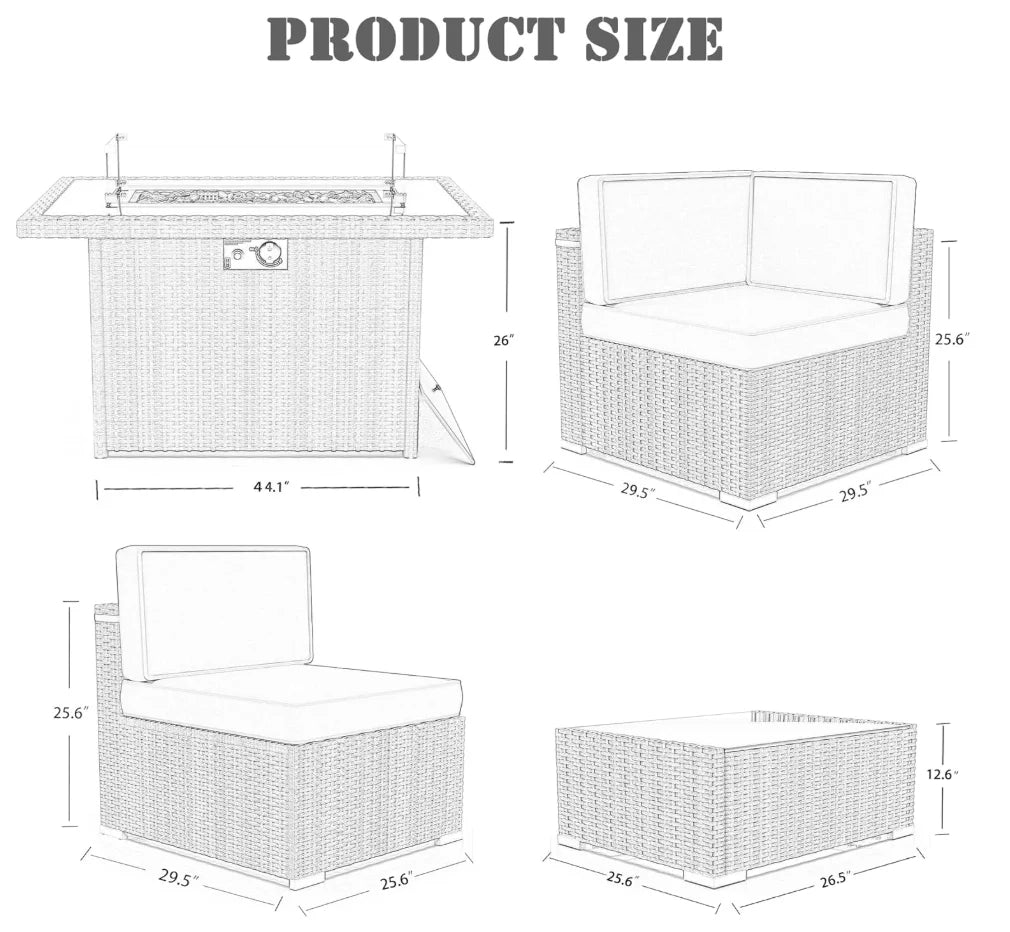 8 Piece Patio Set with 44" Propane Gas Fire Pit Table, Black