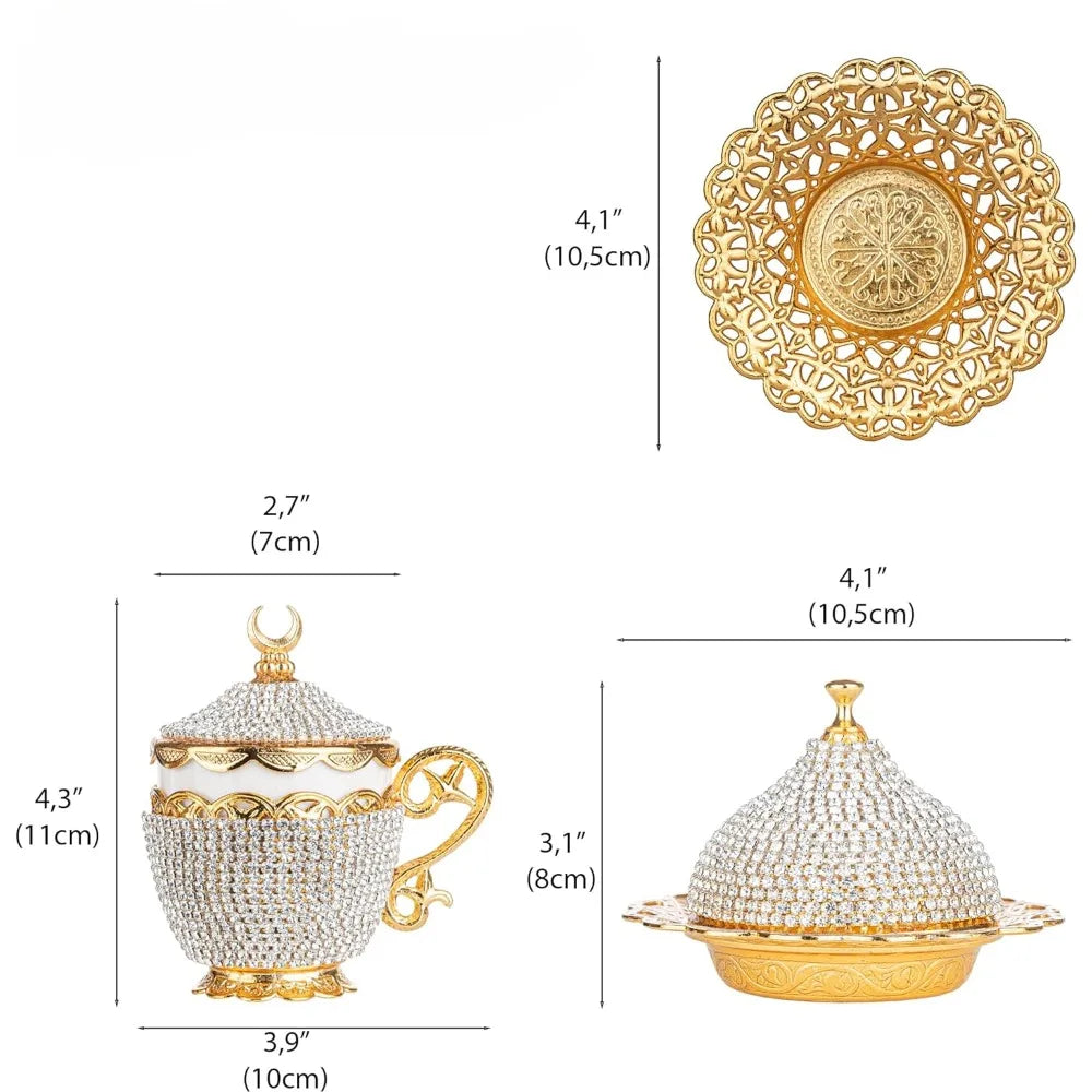 Crystal Gold Turkish Greek Arabic Espresso Cups and Saucers Set