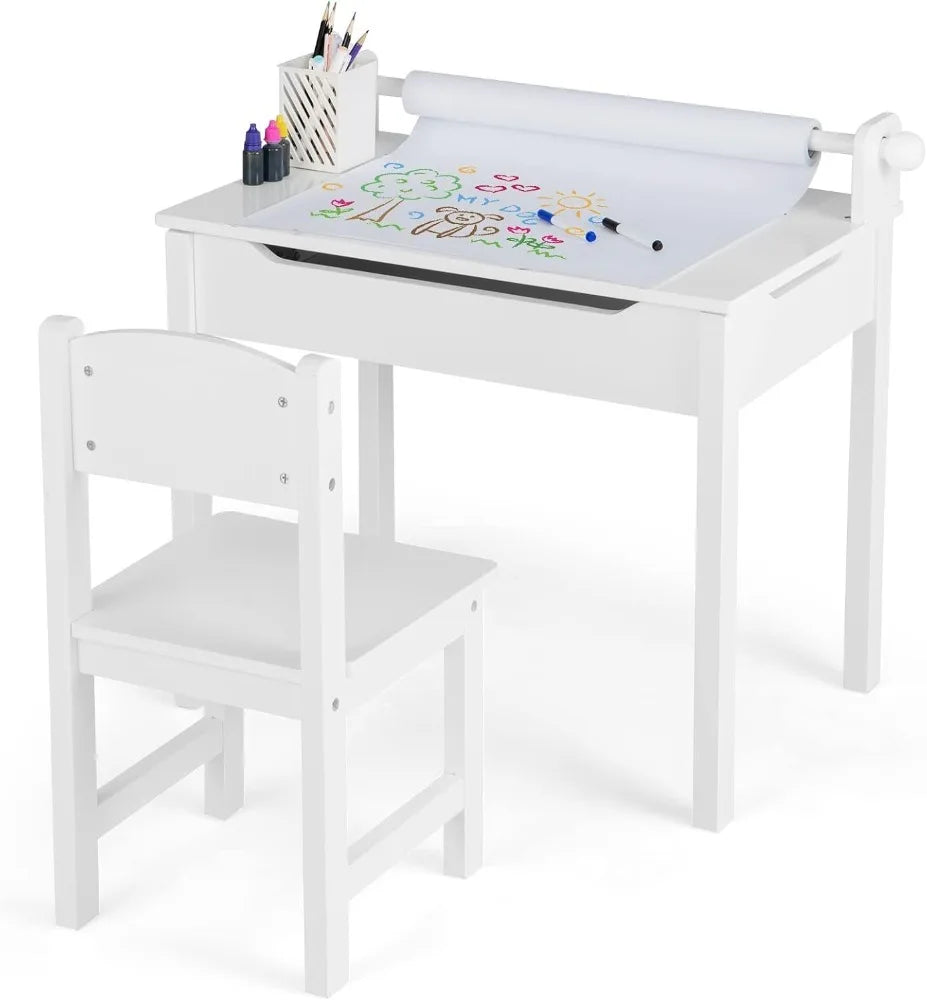 Kid's Wooden Lift-Top Desk & Chair Activity Table Set with Storage, Paper Roll Holder & Pen Slot