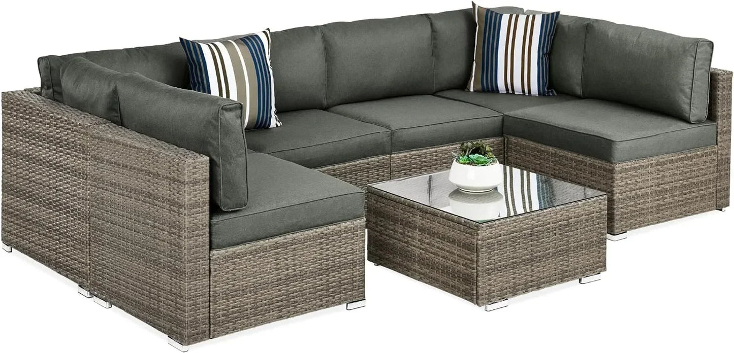 Modular Outdoor Sectional Wicker Patio Conversation Set w/ 2 Pillows, Coffee Table, Cover Included