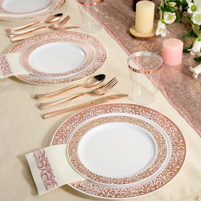 350pcs Heavy Duty, Lace- Rimmed, Disposable Dinnerware Set for 50 Guests