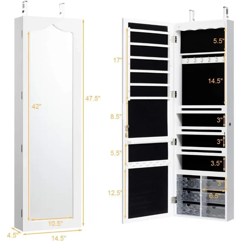 5 LEDs Mirror Jewelry Armoire Wall/ Door Mounted, Lockable Jewelry Cabinet with 6 Drawers and Full Length Mirror