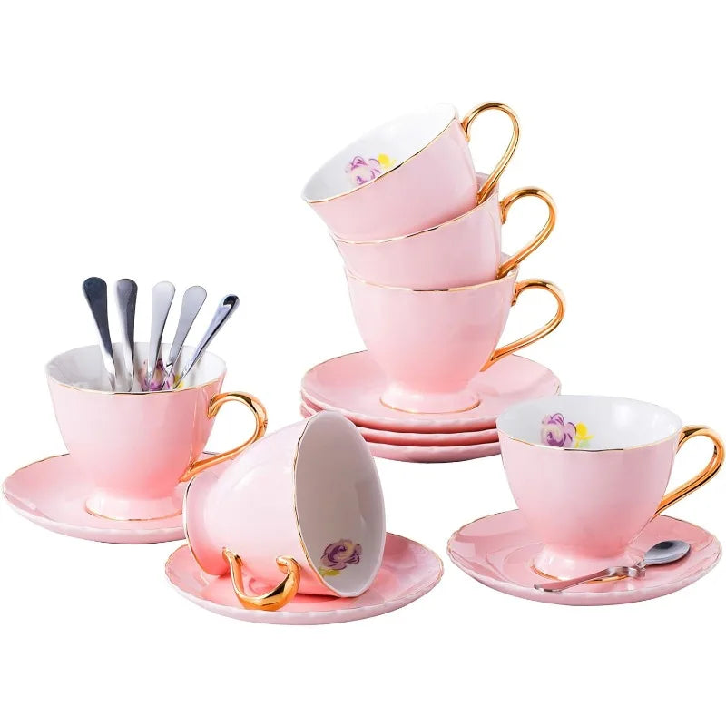 Set of 6 Porcelain Tea Cup and Saucer with Spoon, (pink) 7oz)