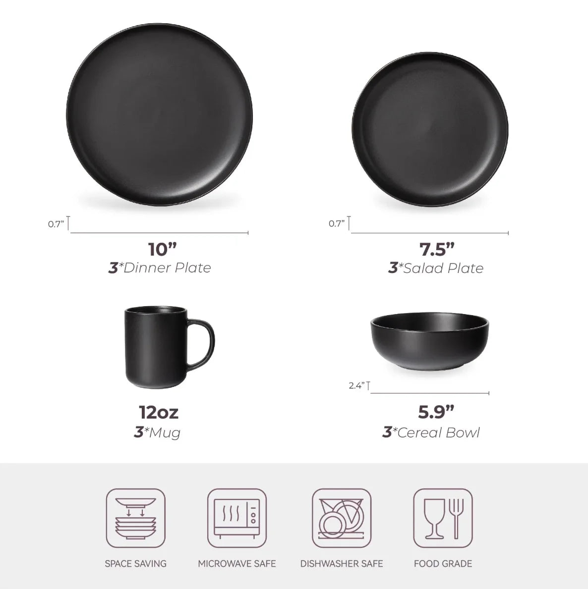 12-Piece Matte Glaze Dinnerware Set, Black