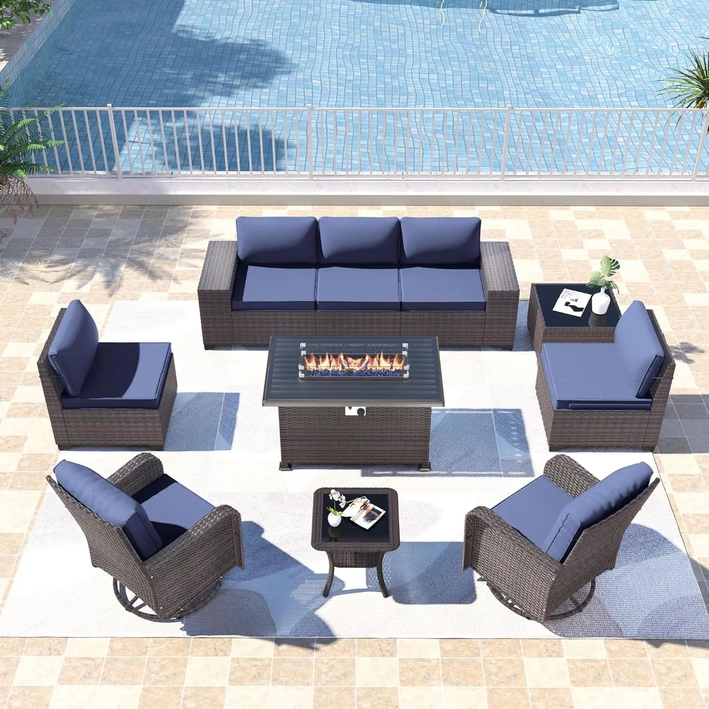 (Dark Blue) 10 PCS Wicker Rattan Sectional Sofa Patio Conversation Sets w/ Fire Pit Table