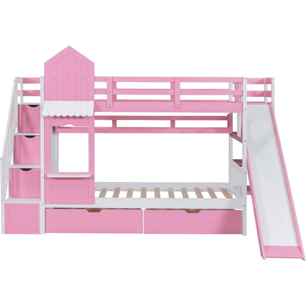 Twin Over Twin Bunk Bed with Slide, Staircase Storage and Drawers