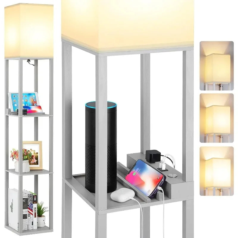 Touch Control LED Floor Lamp with Shelves, Charging USB, Type C Port and Power Outlet