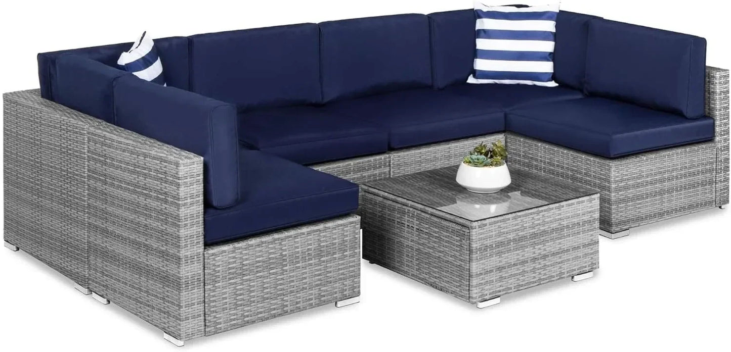 Modular Outdoor Sectional Wicker Patio Conversation Set w/ 2 Pillows, Coffee Table, Cover Included