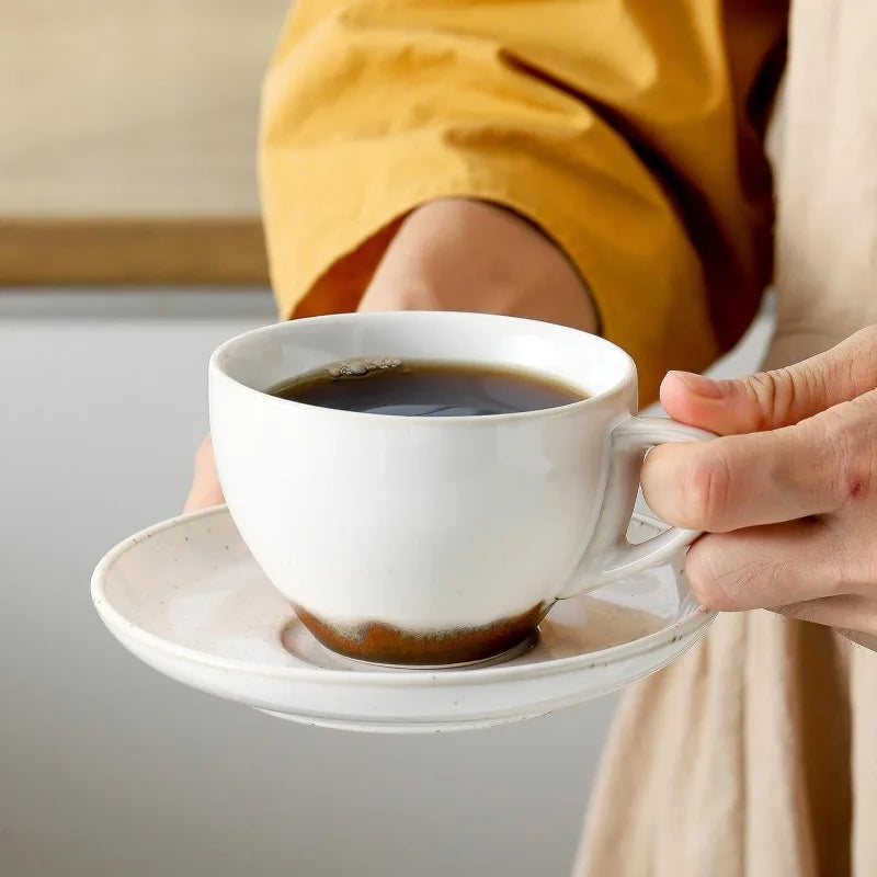 Set of 4 [8oz] Porcelain Coffee Cups with Saucers and Holder