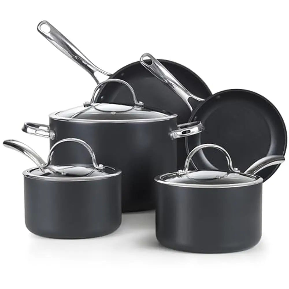 8-Piece Nonstick Cookware Set, Saucepan, Stockpot, Frying Pan, Glass Lid, Black