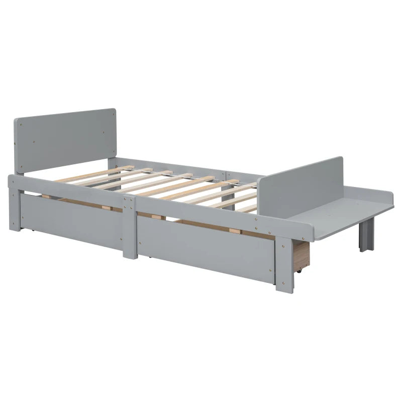 Twin Bed with Footboard Bench, 2 storage drawers, Grey