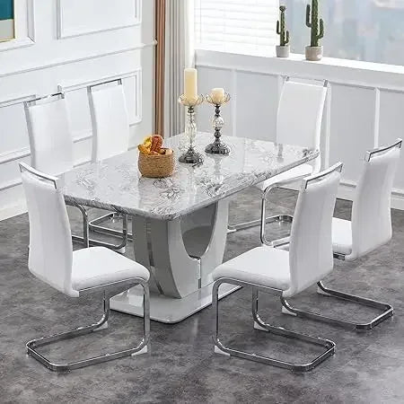 Faux Marble Table Top Dining Table Set for 6