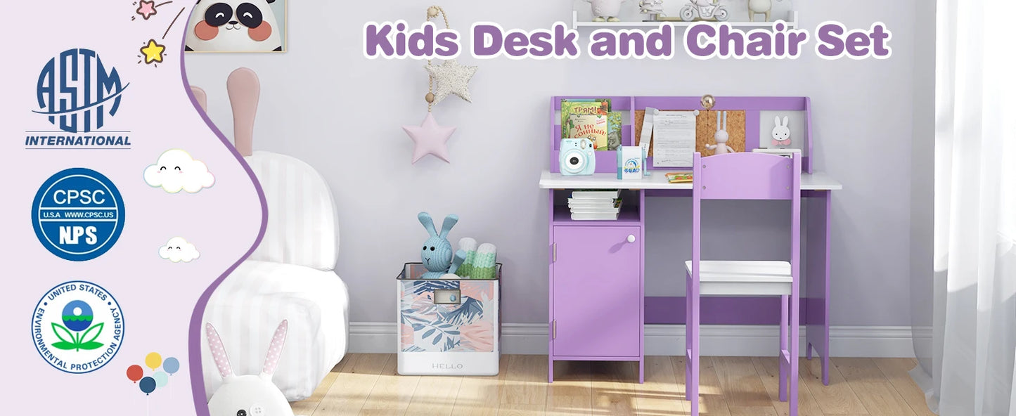 Wooden Children's Study Table with Storage, Cork Bulletin Board, Whiteboard & Marker