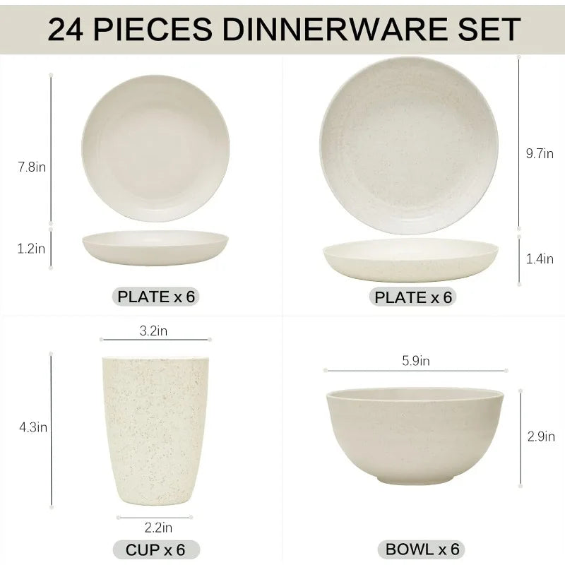 24PCS Wheat Straw Dinnerware Sets for 6, Dishwasher Microwave Safe