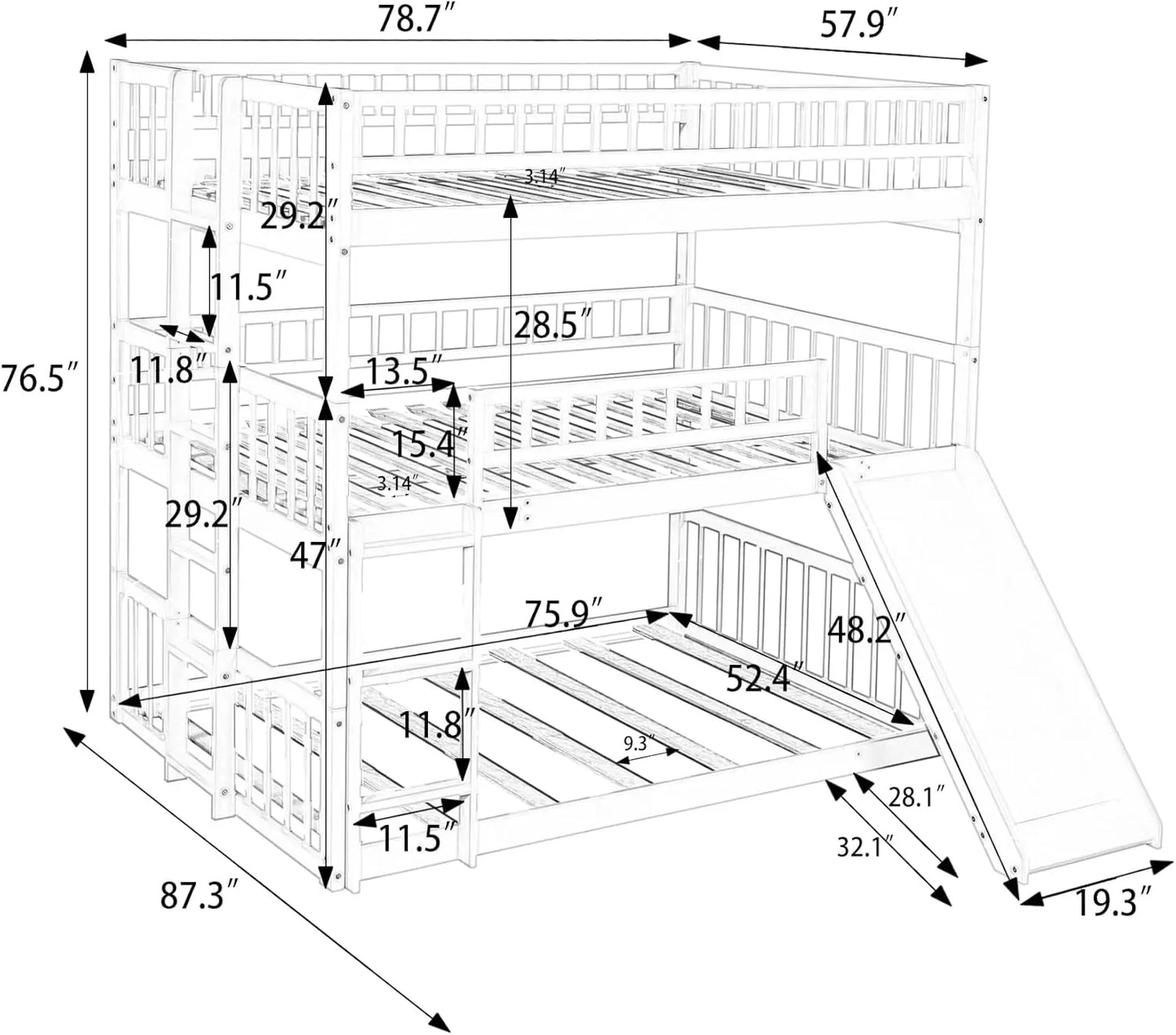 Full Over Full Over Full Triple Bunk Beds with Slide