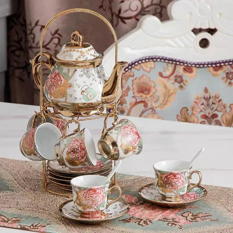 Gold Plated Red Rose Ceramic Vintage Tea Set, with Teapot