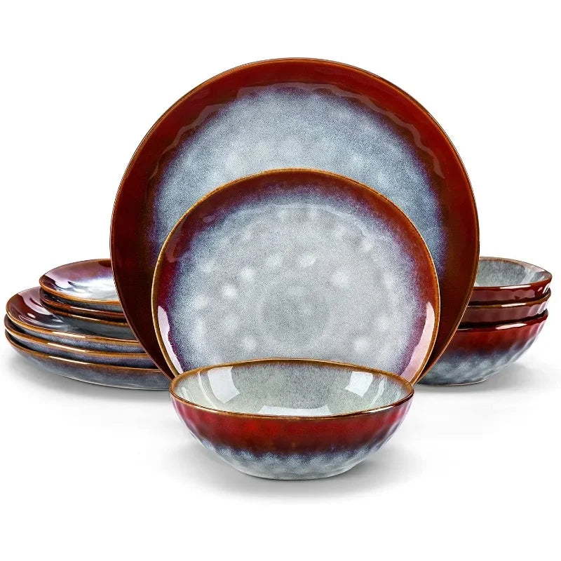 12 Piece, Reactive Change Glaze Dinner Set, Plates and Bowls Set