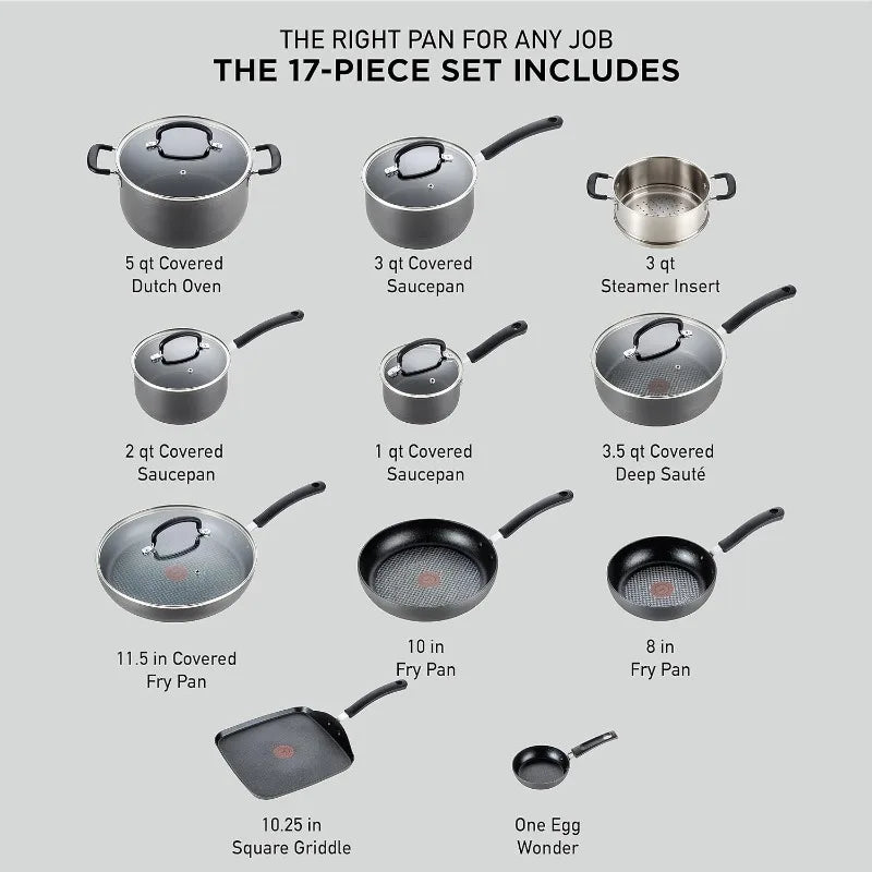 17 Piece T-fal Ultimate Hard Anodized Nonstick Cookware Set  Oven Safe 400F