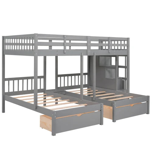 Wood Full over Twin & Twin Bunk Bed,Triple Bunk Bed with Drawers