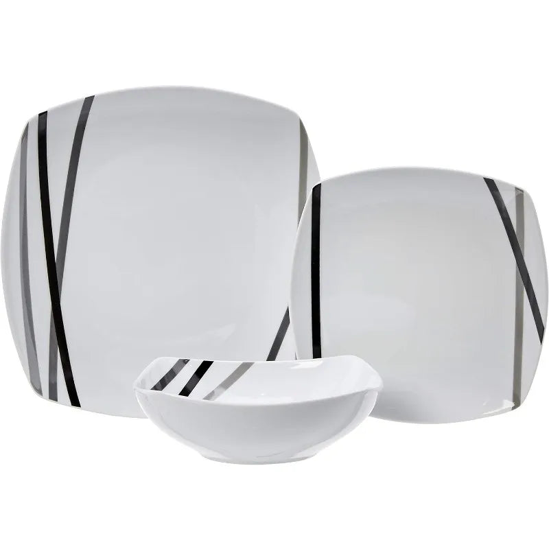 18 Piece Striped  Square Dinnerware Set - Service for 6 - Dishwasher and Microwave Safe