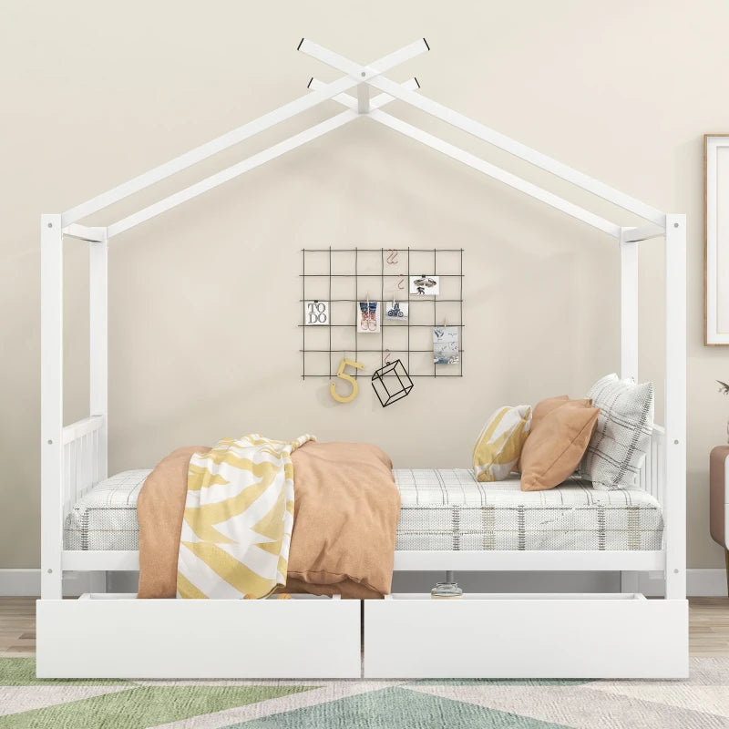 Wooden House Bed Frame for Kids with Ample Storage Options, Roof Design