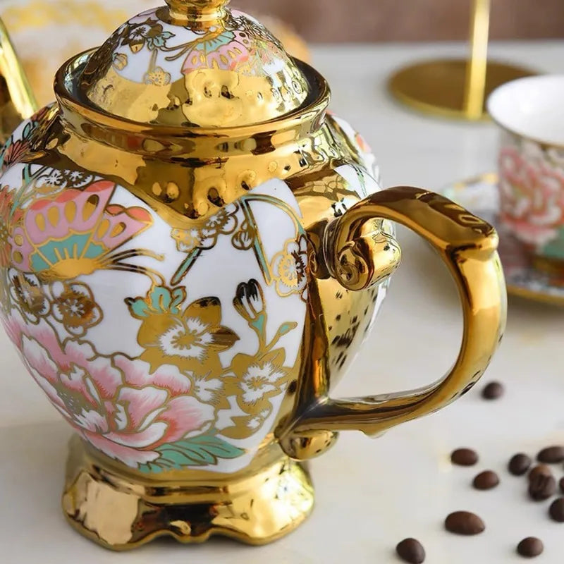 Gold Plated Red Rose Ceramic Vintage Tea Set, with Teapot