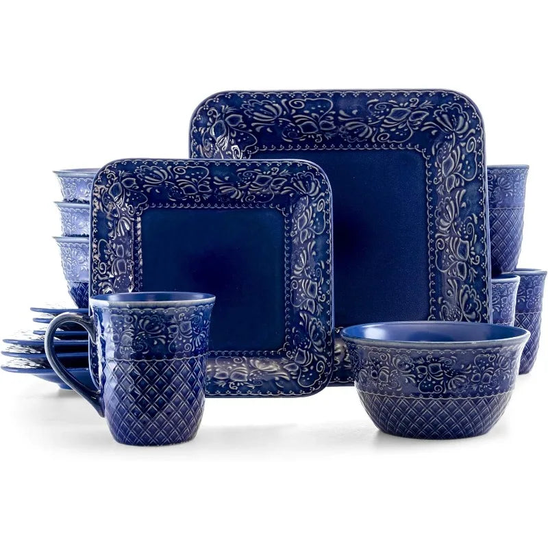 16 Piece Contemporary Square Embossed Stoneware Dinnerware Set