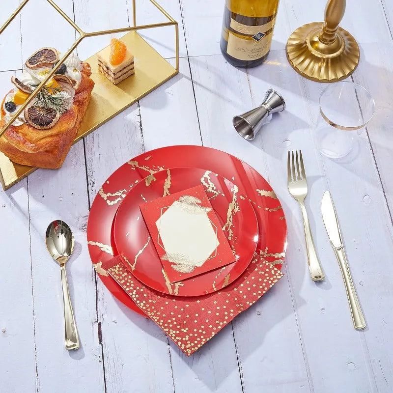 225pcs Plastic Plates, Disposable Dinnerware Set Include 25 Dinner Plates, 25 Dessert Plates