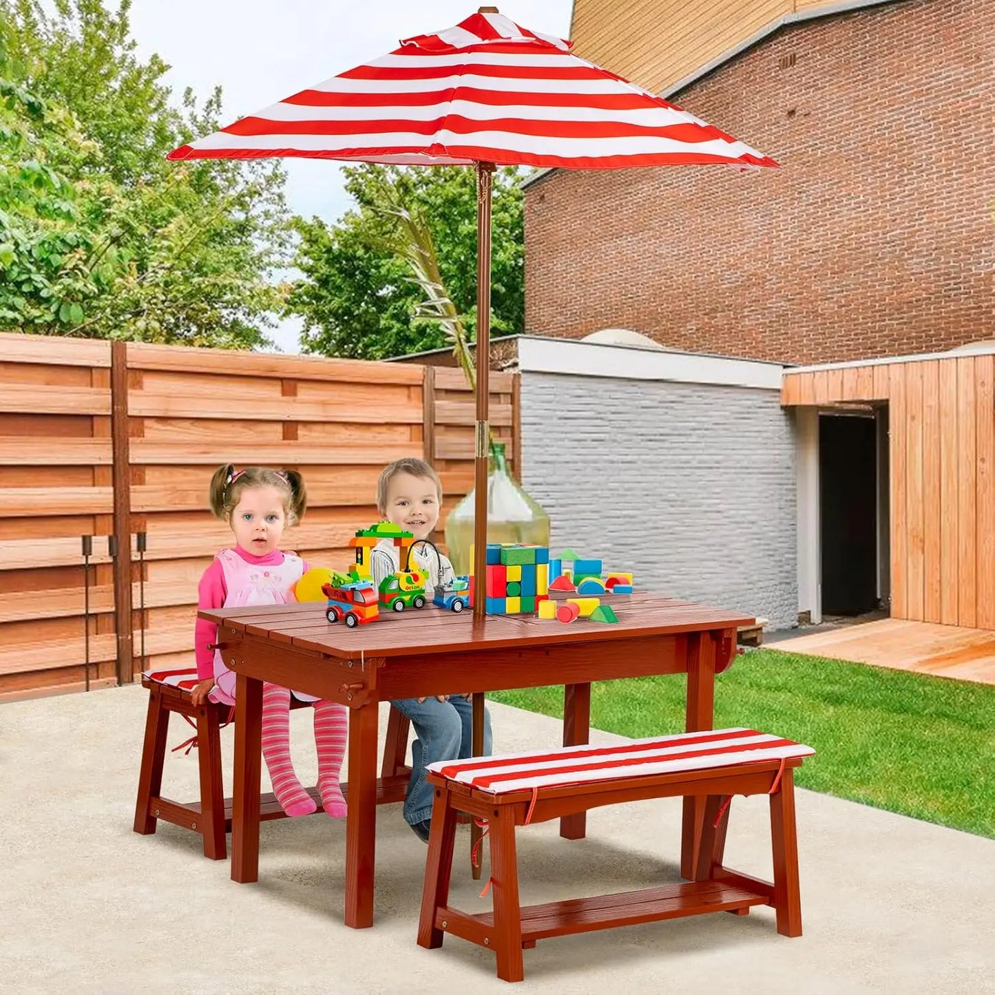 Outdoor Wooden Table & Bench Set W/Cushions & 2 Removable Boxes