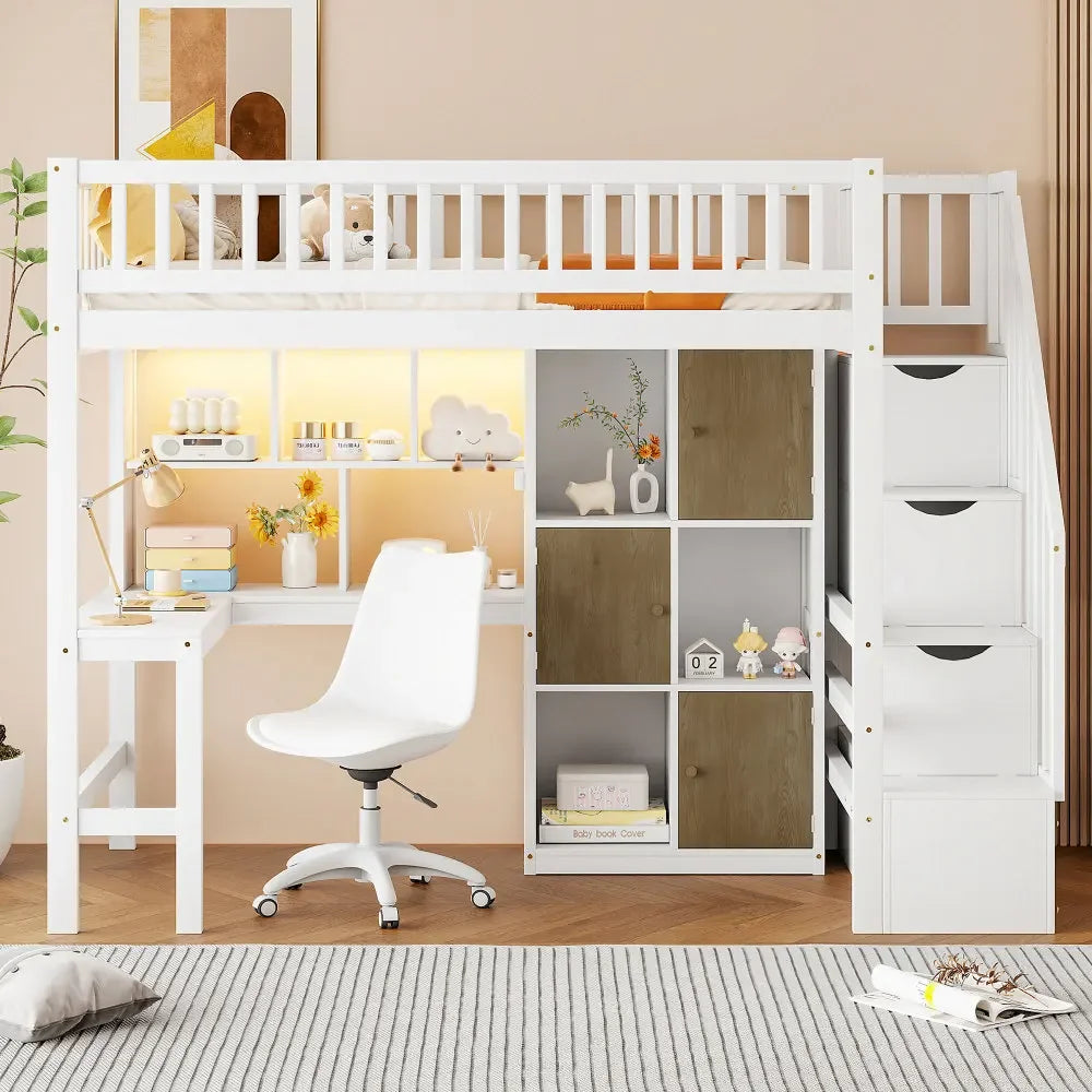 Wood Twin Size Loft Bed with Built-in Desk
