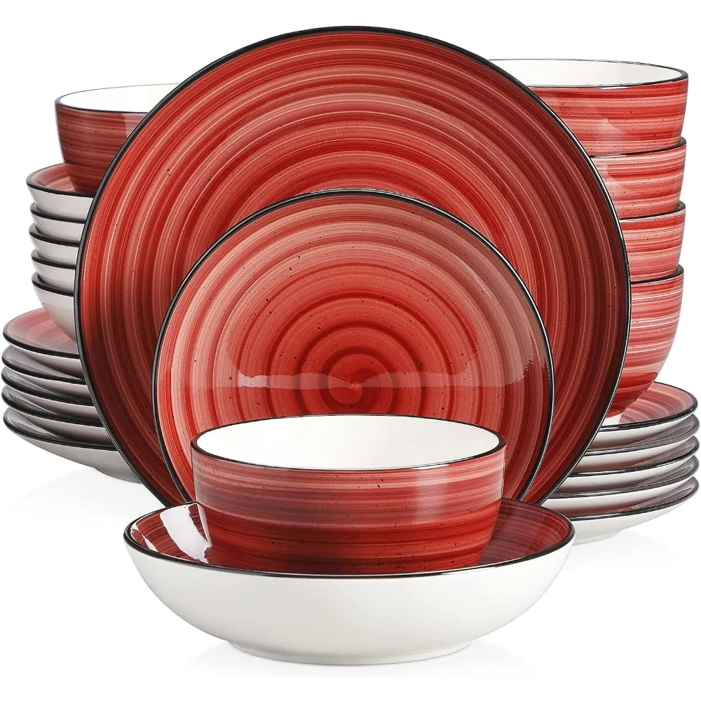 Red 24 Piece Hand-painted Spirals Pattern Stoneware Dinner Set